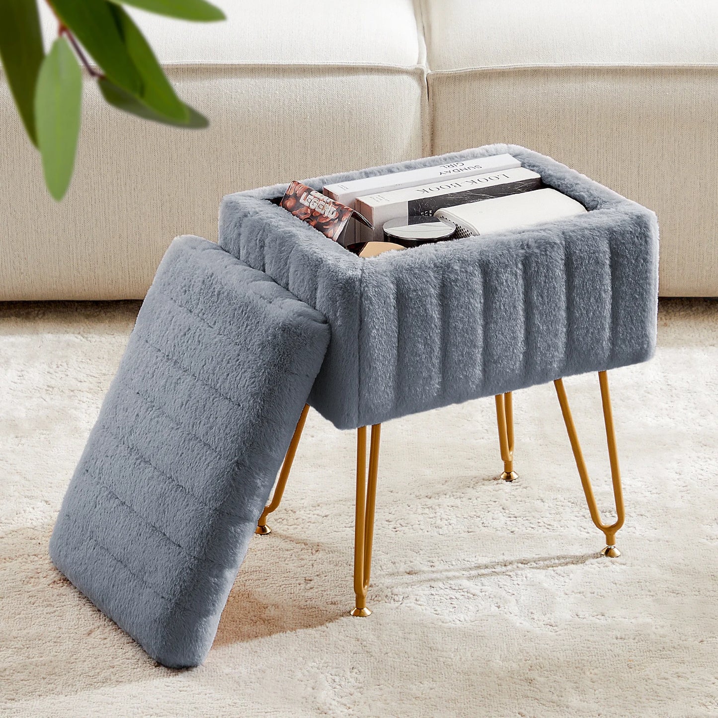 Ljustra Faux Fur Storage Stools Ottomans Padded Living Room Furniture