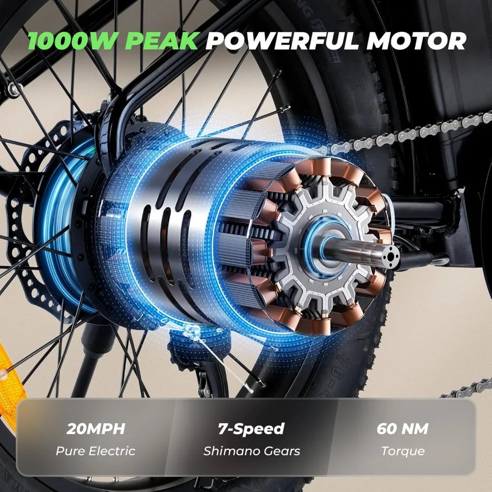 U7 Electric Bike 1000W 55 Miles Range 20mph Cargo Ebike Adults