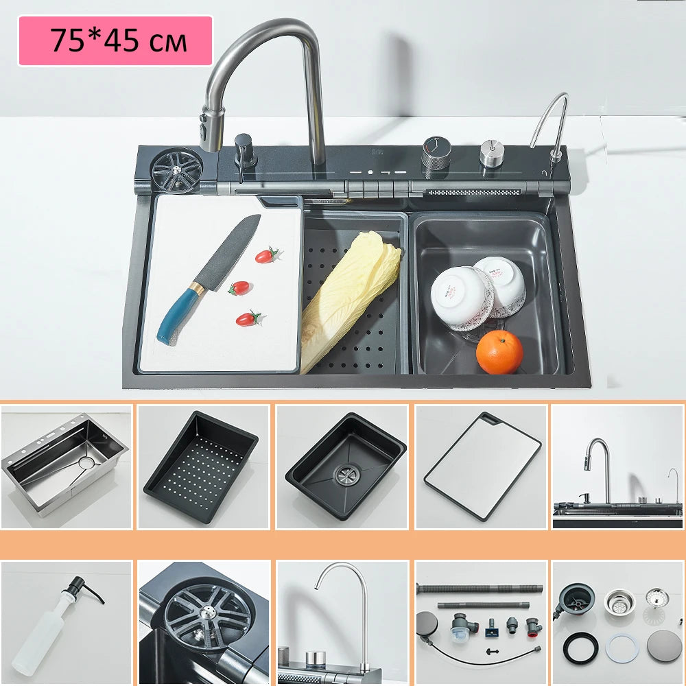 Large Stainless Steel Kitchen Sink 75x45cm with Faucet Digital Display