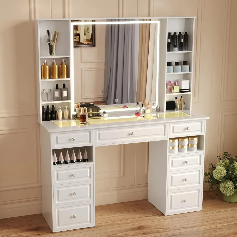 Ljustra Vanity Desk with Mirror and Lights 9 Drawers Dressing Table