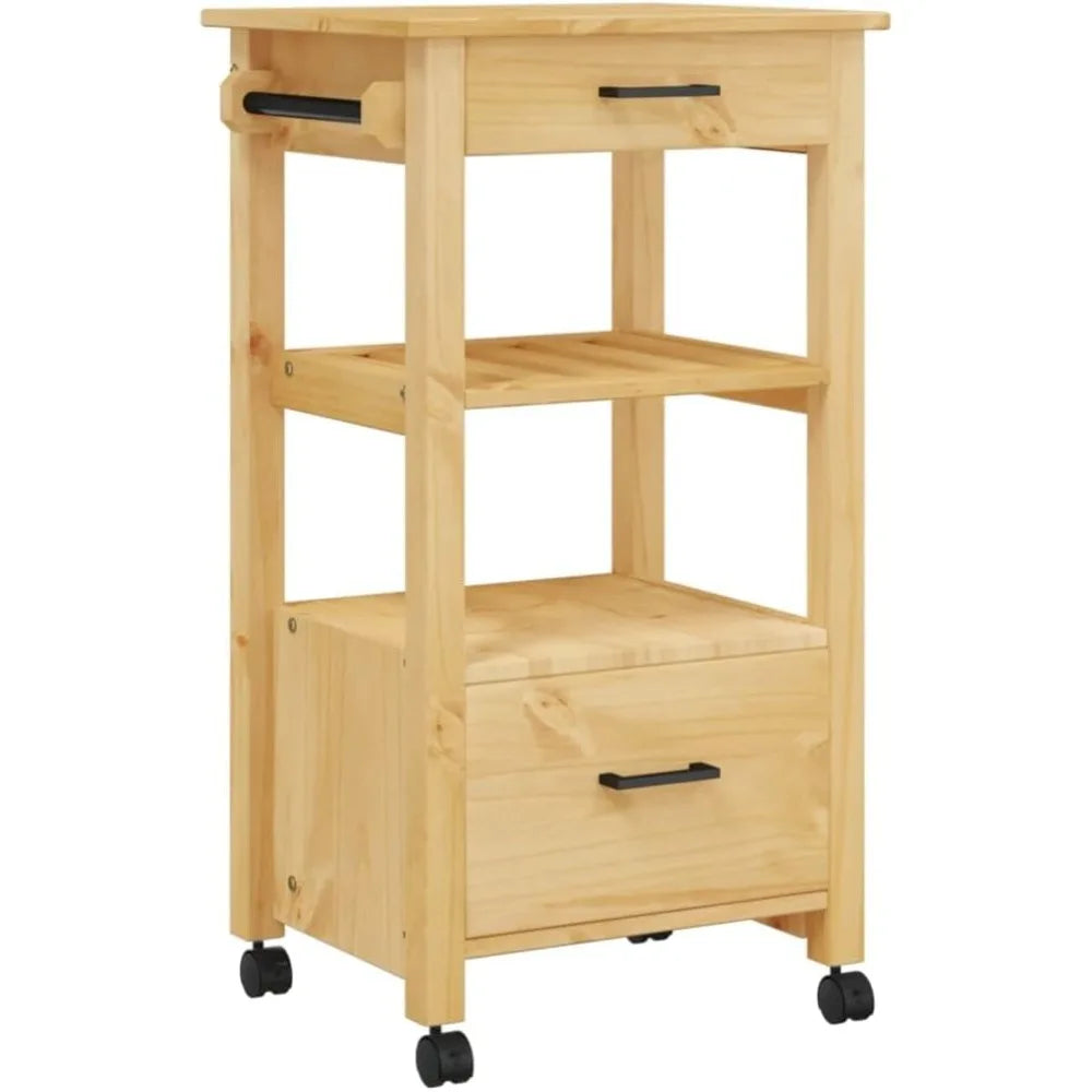 Ljustra Kitchen Trolley Rustic Wood Rolling Cart with 2 Drawers & Shelf