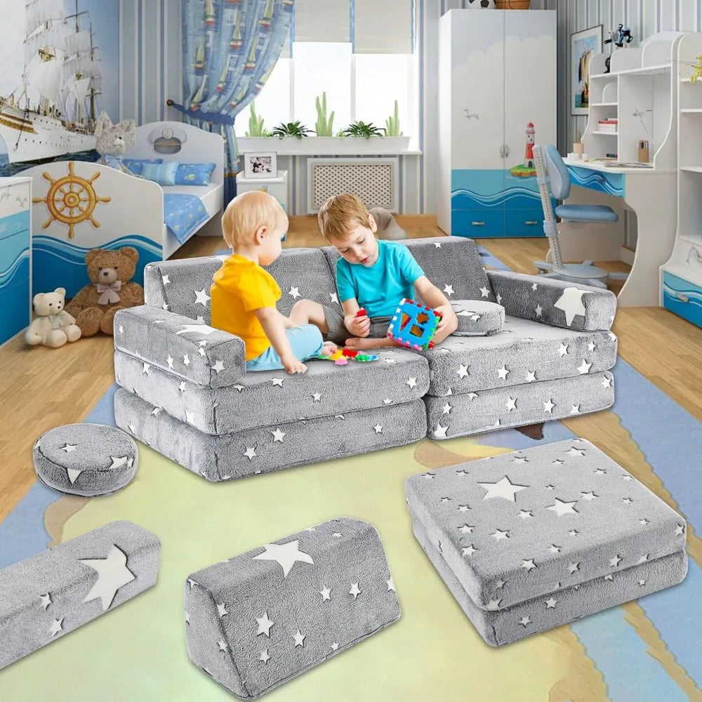 Modular Kids Play Couch 10PC Sofa Set Glow in Dark Foam Fort w/ Washable Cover