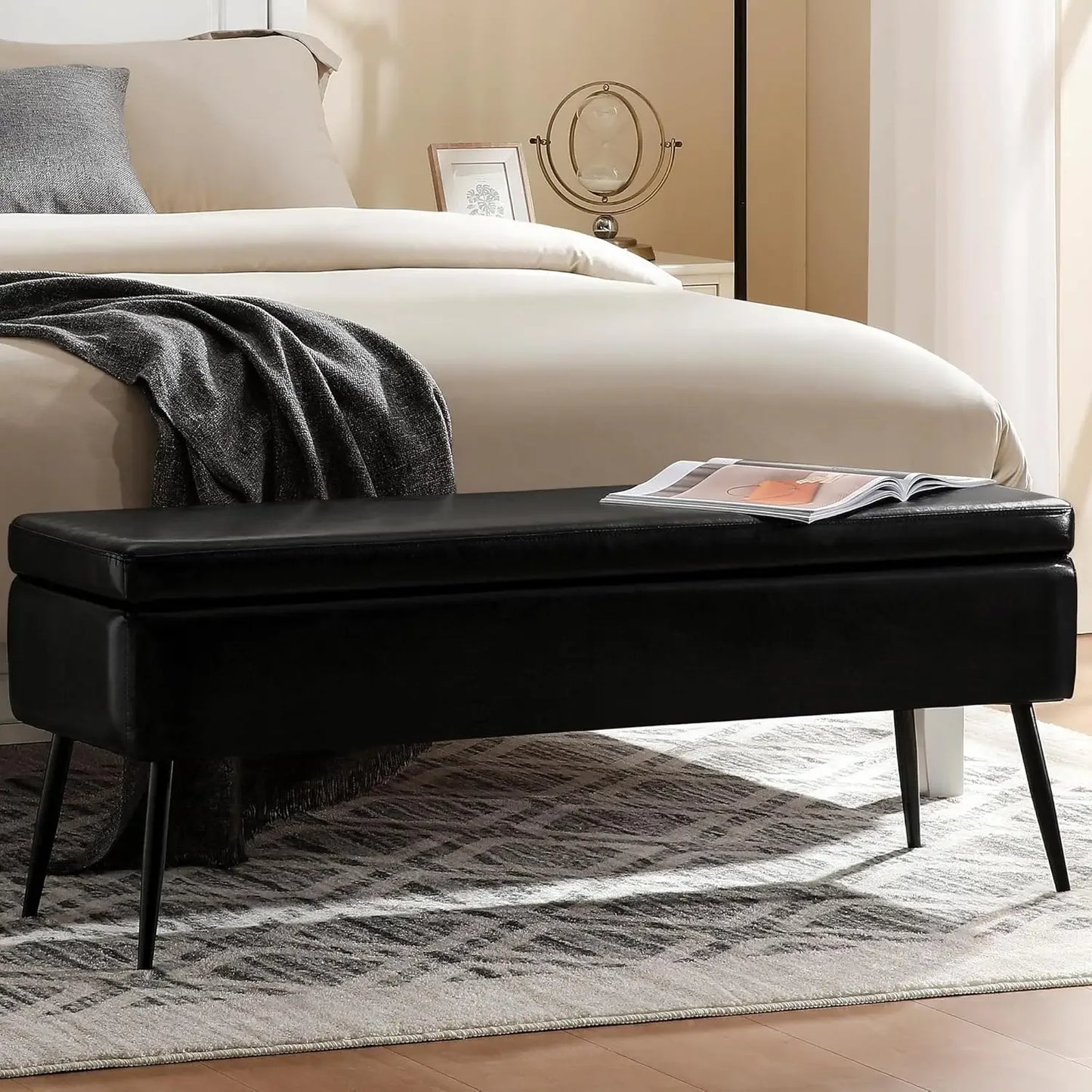 Leather Storage Ottoman Bench Mid-Century Modern Style Living Room Bedroom