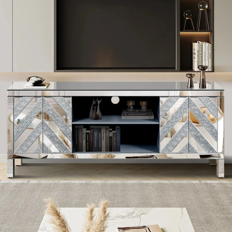 Mirrored TV Stand for 65 Inch TV Console Table with Storage Cabinets