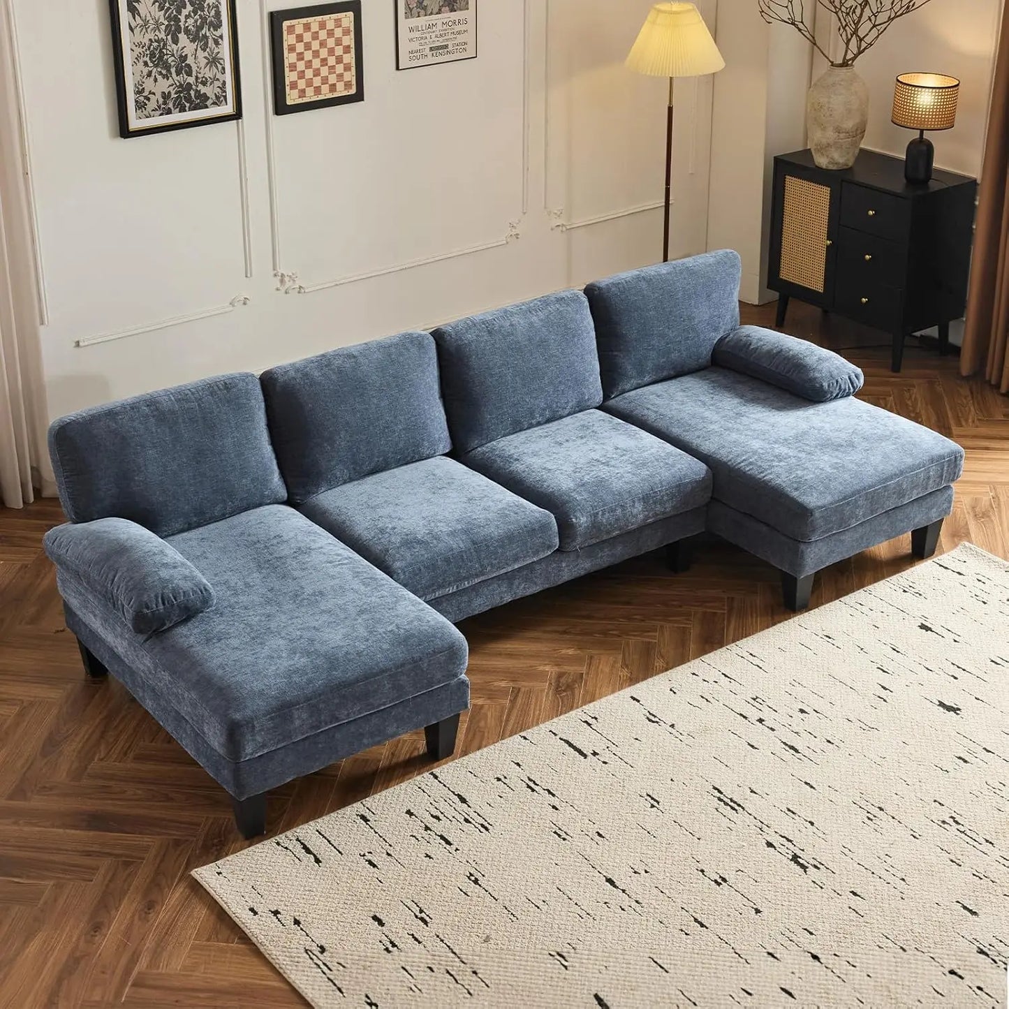 Ljustra Modern U-Shape Couch, 4-Seat Chenille Sectional Sofa, Burnt Orange, 110"