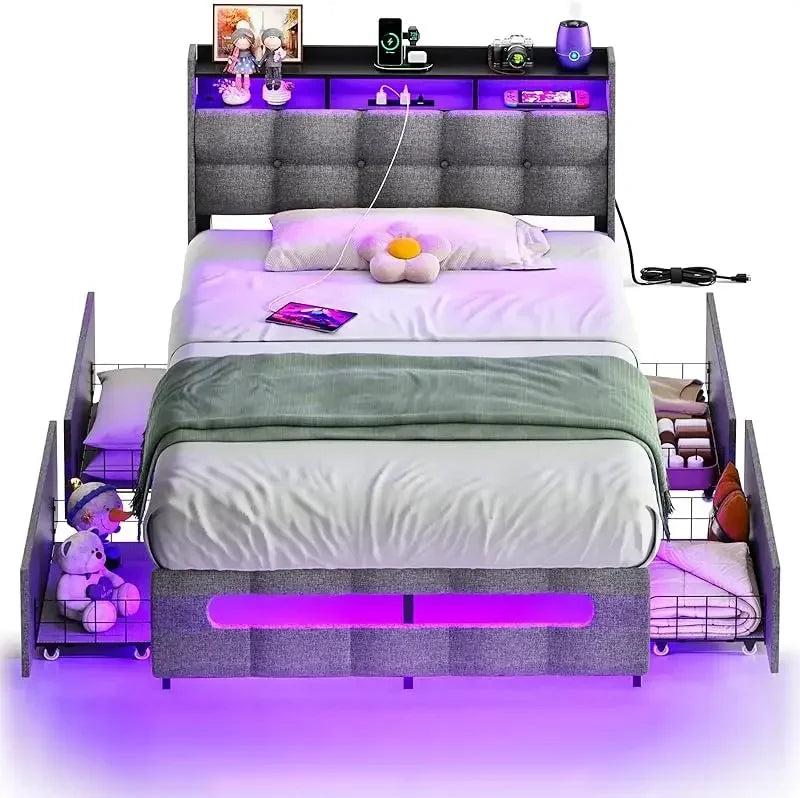 Ljustra Upholstered Full Bed Frame with Storage Headboard and LED Light