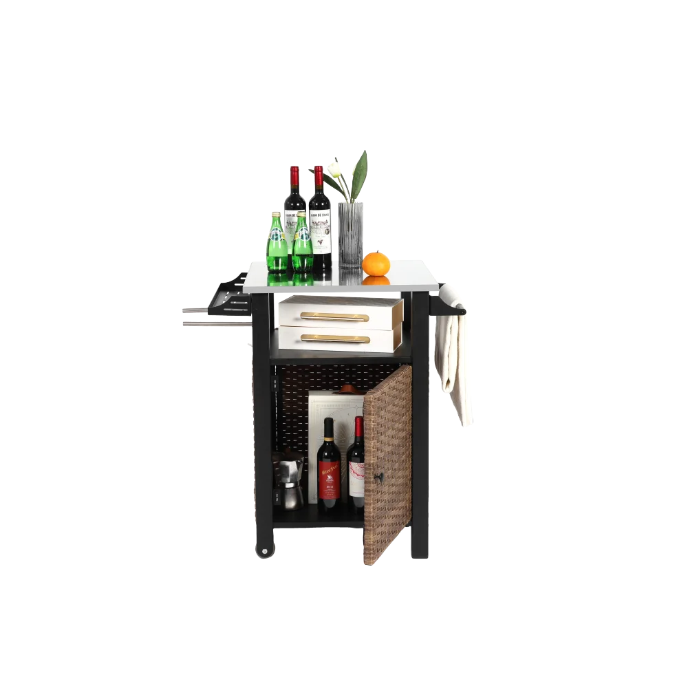 Single Door Bar Cart Outdoor Kitchen Wicker Rolling Cart Storage Cabinet