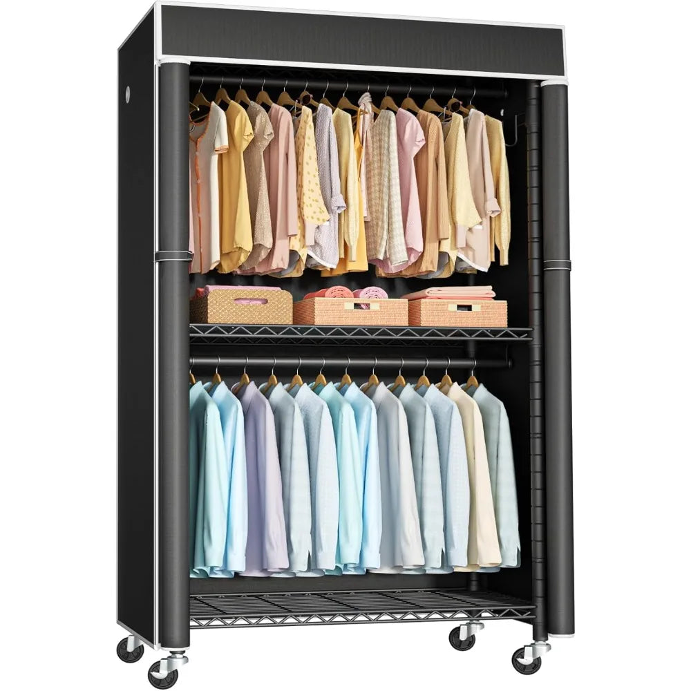 Clothing Rack with Cover Rolling Closet Metal Garment Rack Storage
