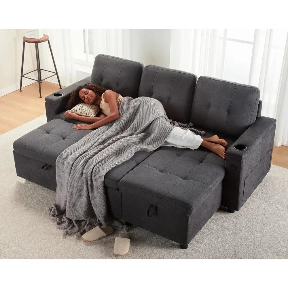 Ljustra Sleeper Sofa Pull Out Couch Bed USB Charging Port Cup Holders