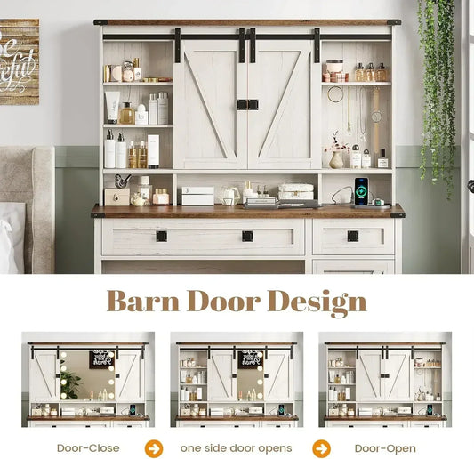 Makeup Vanity Desk with Lights and Barn Doors Charging Station