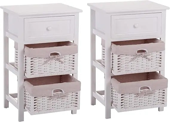 Set of 2 Nightstands with Wicker Baskets Fully Assembled Bedside Tables