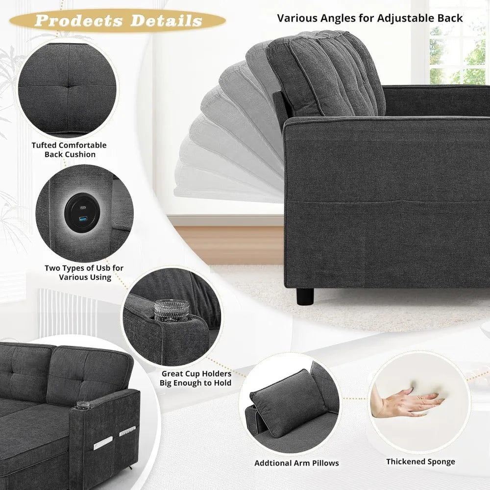 Ljustra Modern Chenille Sectional Sofa, U-Shaped, Pull Out Bed, Adjustable Back, Storage Chaises