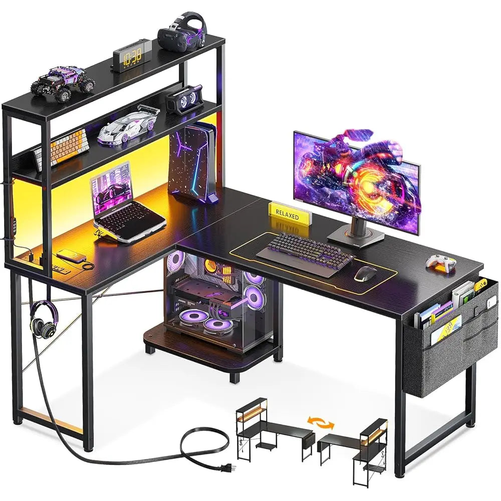 L Shaped Desk with LED Lighting Gaming Desk with Power Outlets Storage