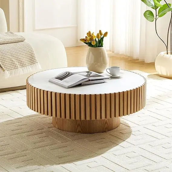 Modern Round Walnut Coffee Table Solid Wood Pedestal for Small Spaces