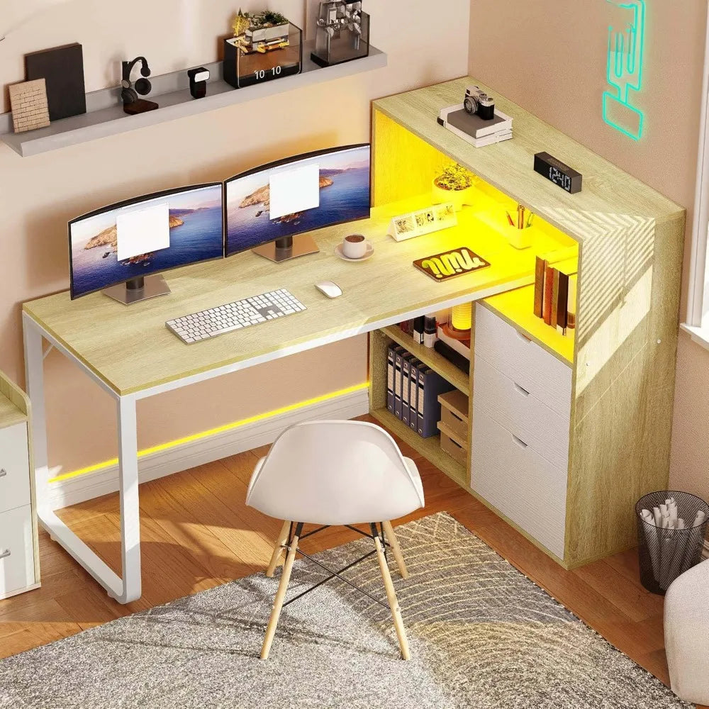 L Shaped Desk with Power Outlets LED Lights Computer Desk with Drawers