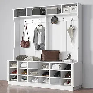 3-in-1 Hall Tree Storage Organizer with Hooks and Shelves for Entryway