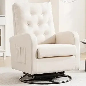 Swivel Rocking Chair Nursery Glider Upholstered Linen Armchair Indoor