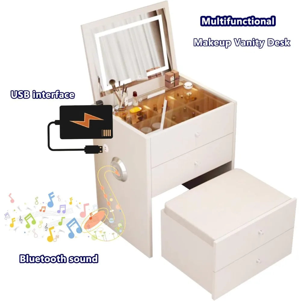 Integrated Small Vanity Desk with Mirror Compact Makeup Table USB