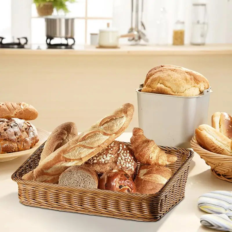 Rectangular Rattan Serving Tray Wicker Storage Basket With Handles