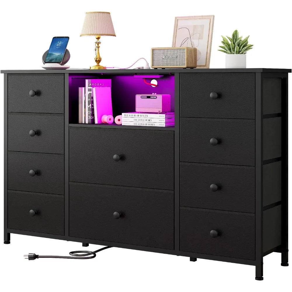 Dresser with Charging Station LED Lights 10 Drawers Modern Storage Unit