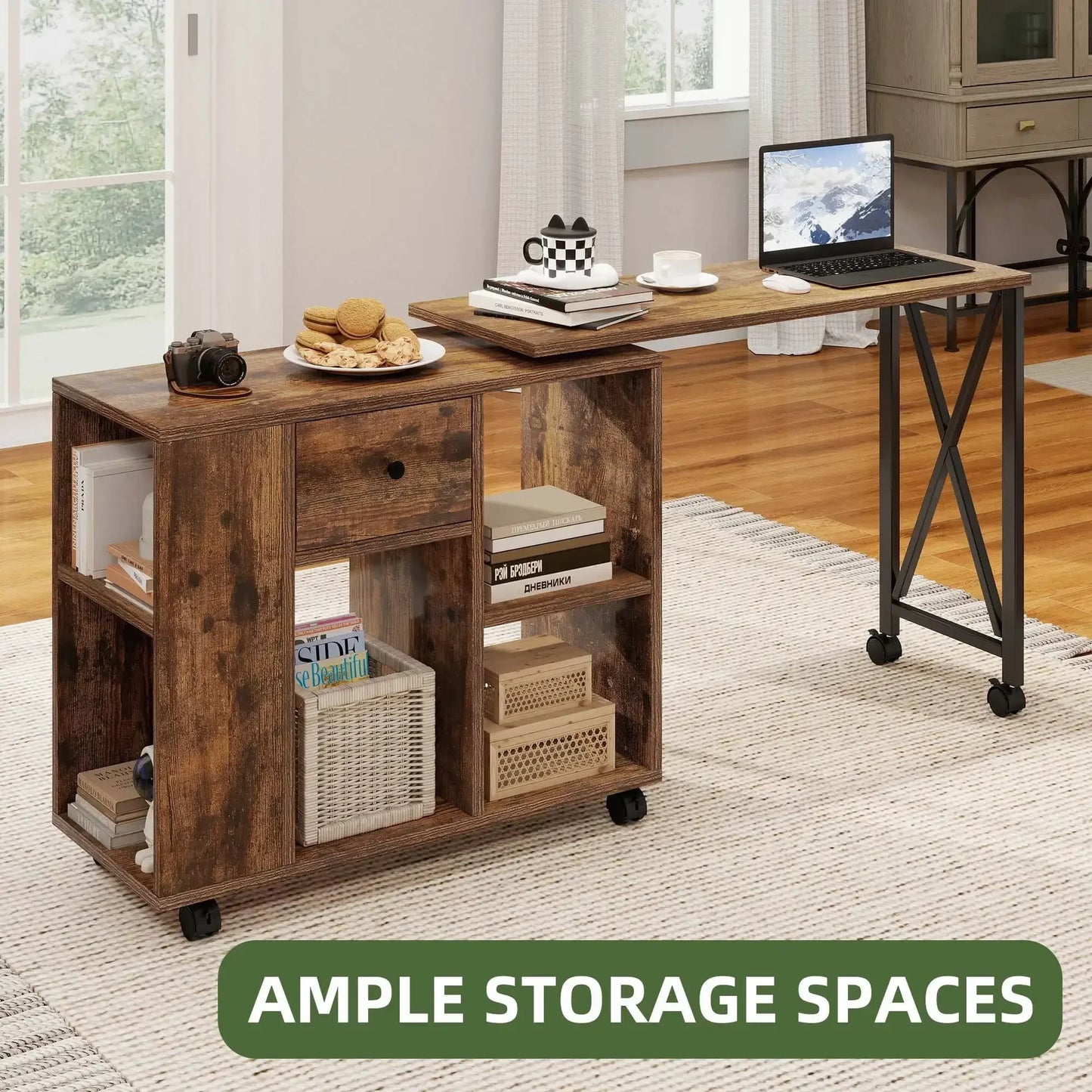 Rotating Writing Office Desk with Storage and Wheels for Home Office