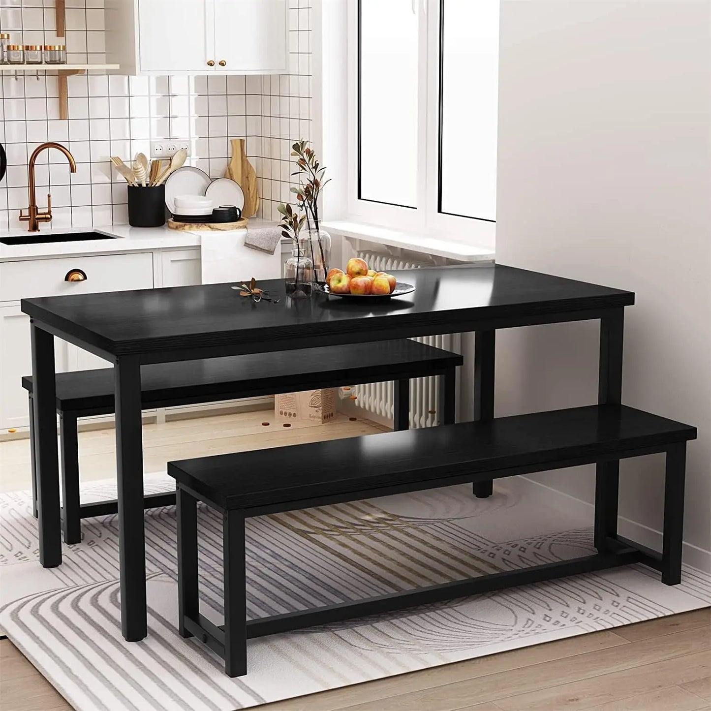 Ljustra Dining Room Set with 2 Benches for 4-6 Faux Marble Table