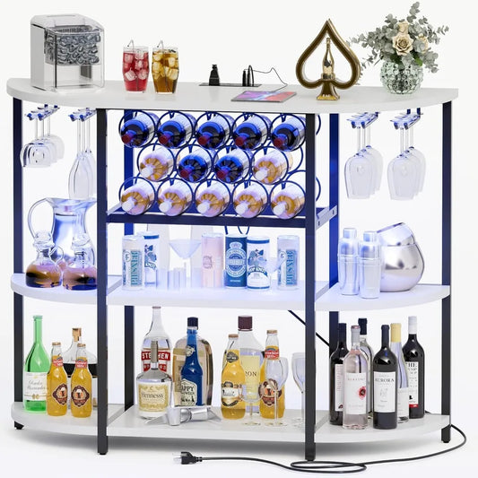 Wine Bar Cabinet Freestanding 4-Tier Storage with Lights and Outlet