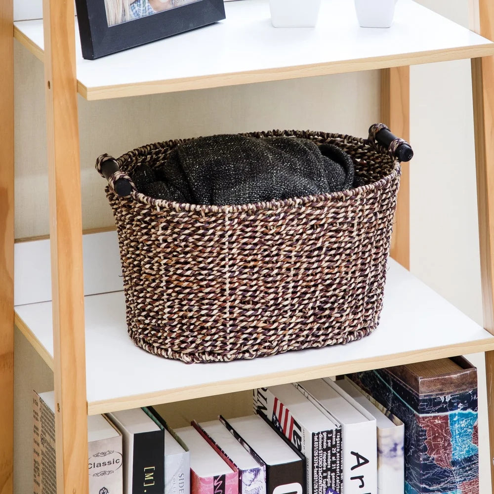 Oval Seagrass Storage Basket with Wooden Handles for Home Organization