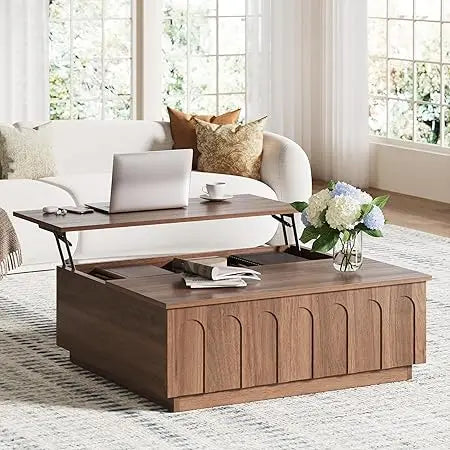 Lift Top Coffee Table Modern Storage Walnut Arched Design 31.5 Inch