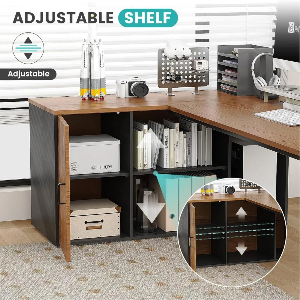 L Shaped Executive Desk with File Cabinet and Power Outlet for Office