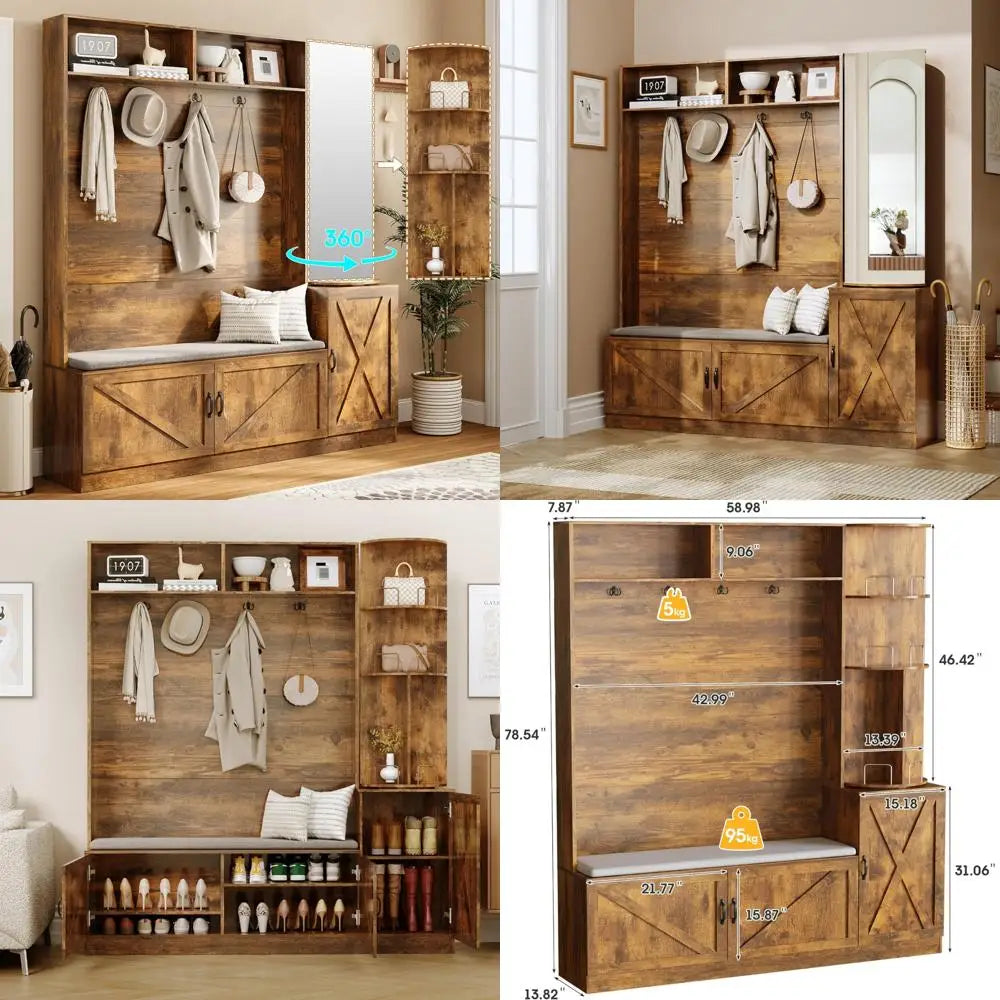 79 Inch Hall Tree Bench Shoe Storage Coat Rack Mirror Entryway Organizer