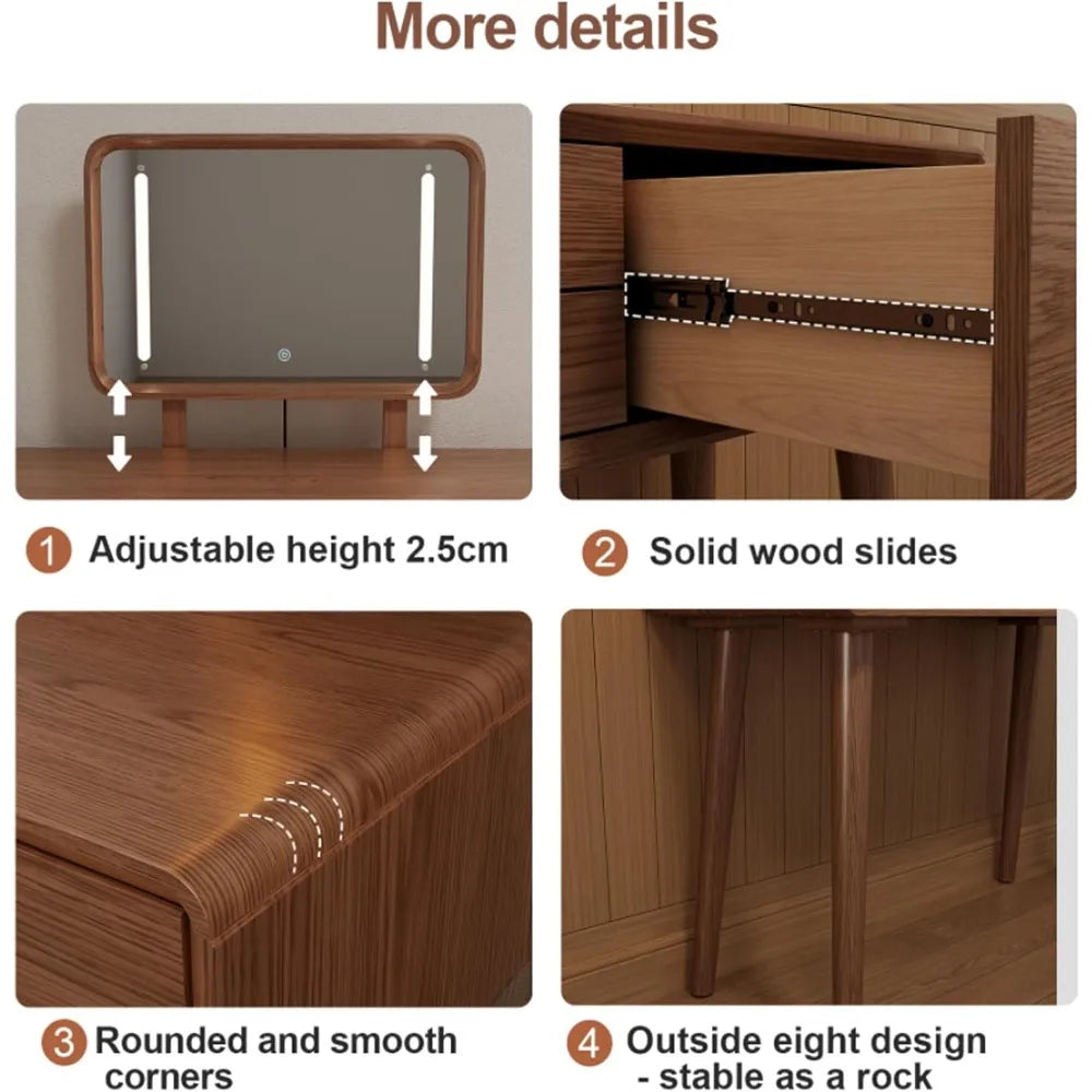 Solid Wood Makeup Vanity Desk with Adjustable LED Mirror Lighting