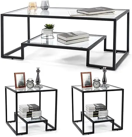 Modern Glass Coffee Table Set with 2 End Tables for Living Room