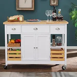 Kitchen Island Cart on Wheels Butcher Block Rolling Trolley Storage