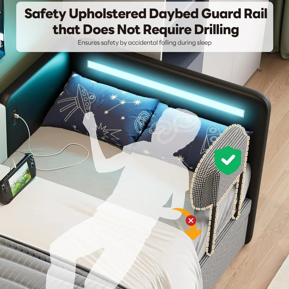 Daybed with Trundle Twin Bed Frame Upholstered LED USB Charging