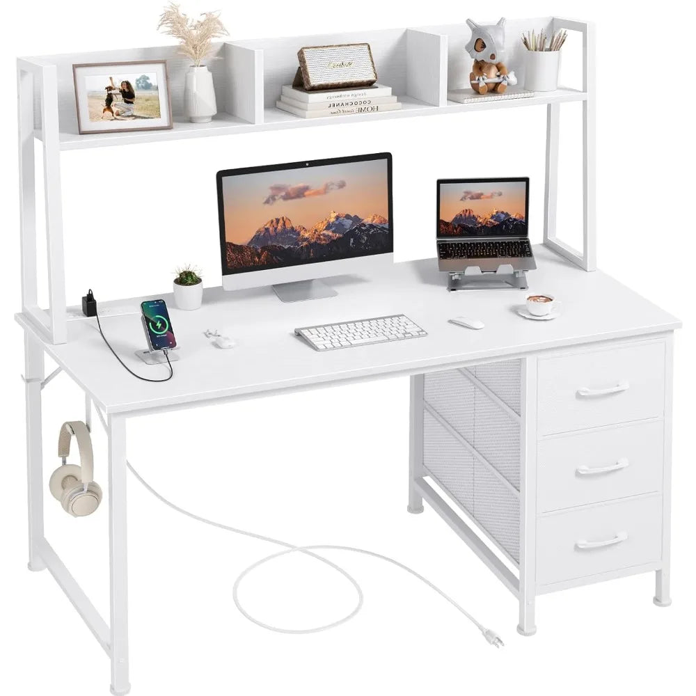 Modern White Computer Desk with Hutch Storage and Power Outlets