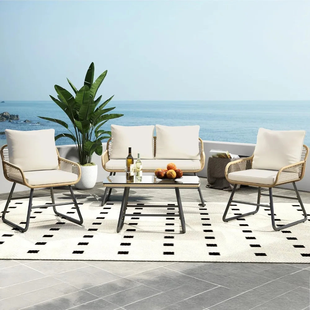 4 Piece Outdoor Wicker Patio Furniture Set Modern Bohemian Loveseat