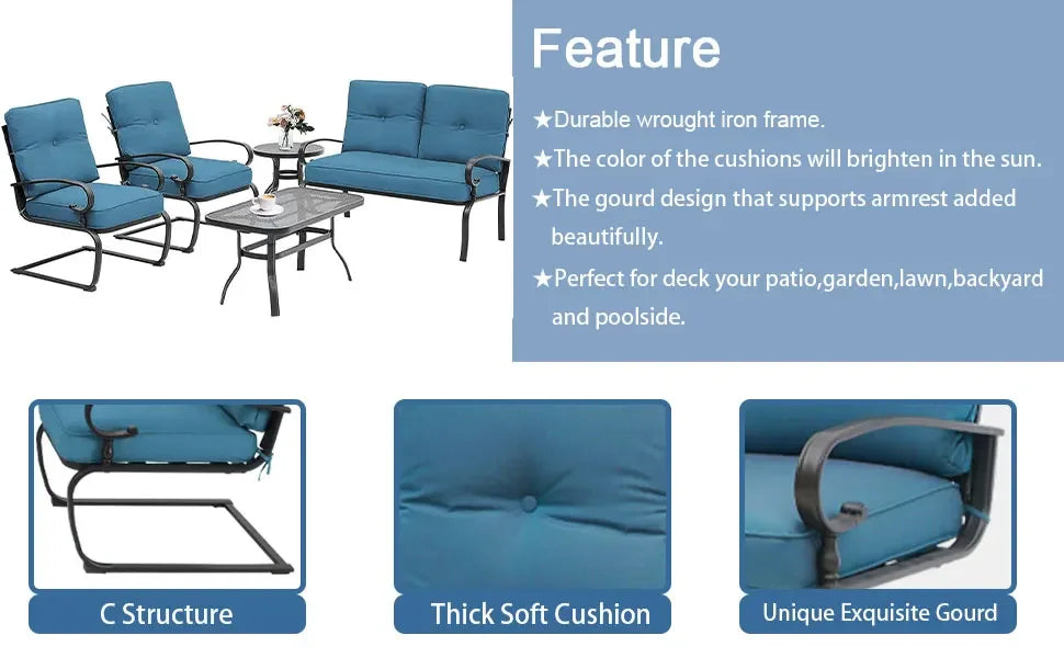 5 Piece Metal Outdoor Furniture Set Wrought Iron Patio Chairs Cushions