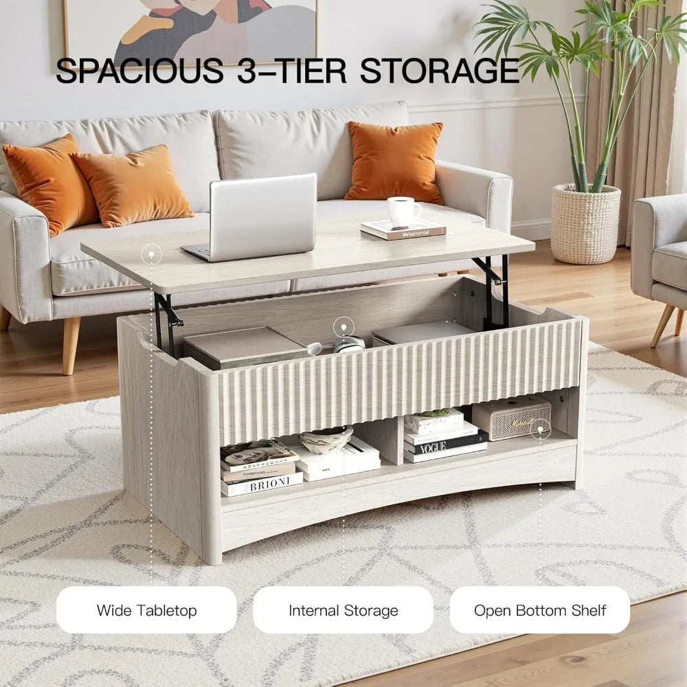 Amada Coffee Table Fluted Lift Top Storage Modern Rectangle Table