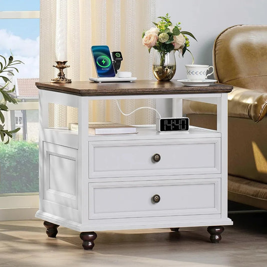 Farmhouse Nightstand with Charging Station 2 Drawers White End Table