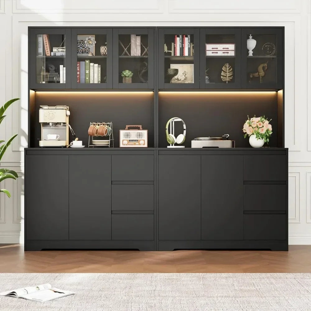 71 Inch Kitchen Pantry Cabinet LED Lights Charging Station Modern Storage