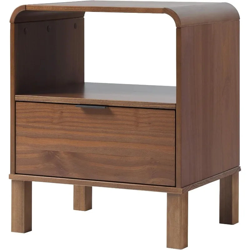 Ljustra Modern Curved-Top Solid Wood Nightstand 1-Drawer Open Cubby