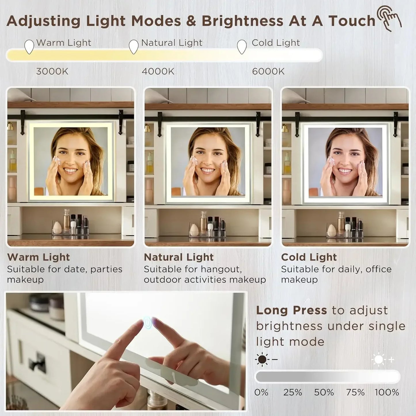 Farmhouse Makeup Vanity Desk Sliding Mirror Lights 42 Inch 2 Drawers