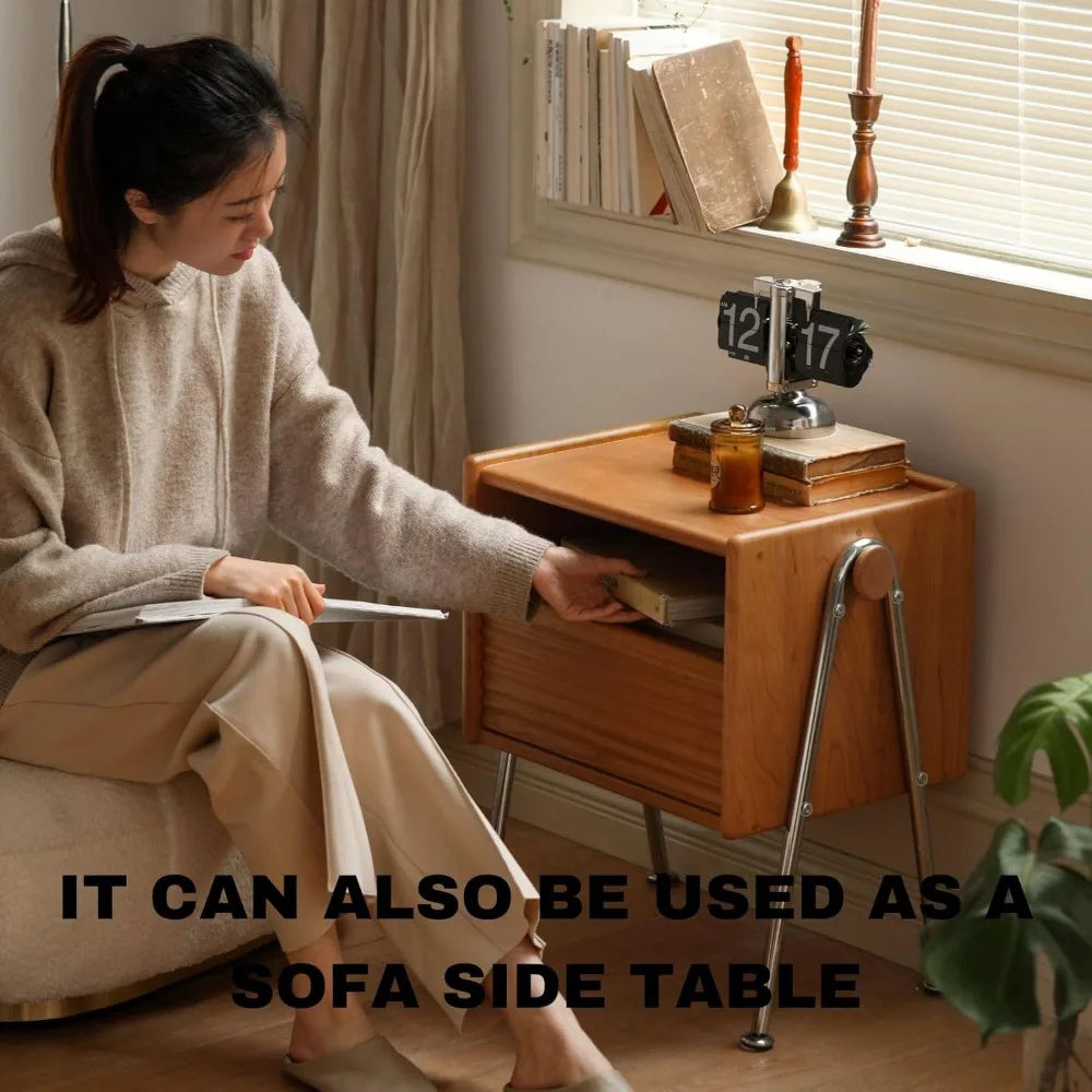 Solid Cherry Wood Nightstand Tall Bedside Table Modern Storage