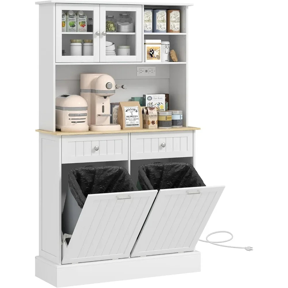 68 Inch Kitchen Pantry Storage Cabinet with Charging Station and Trash Can
