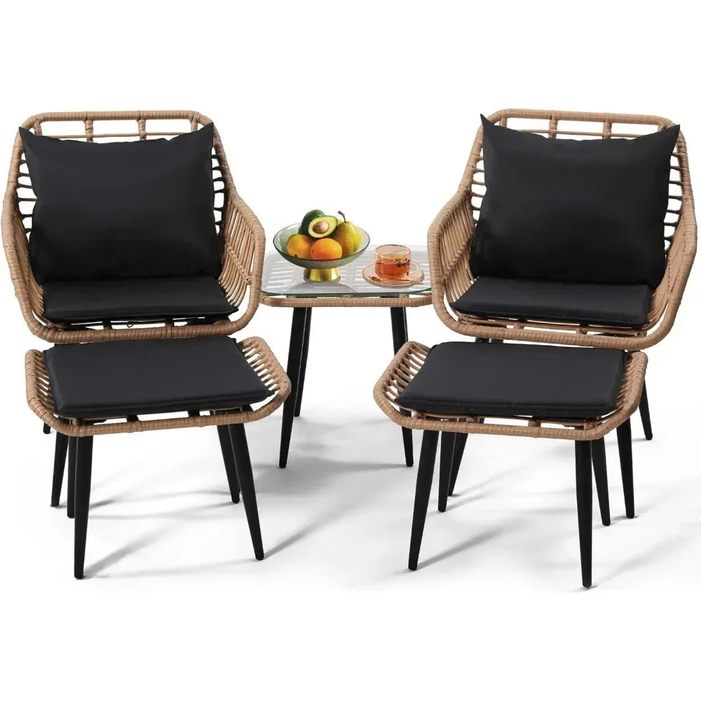 5 Piece Wicker Bistro Patio Furniture Set with Chairs Ottomans Table