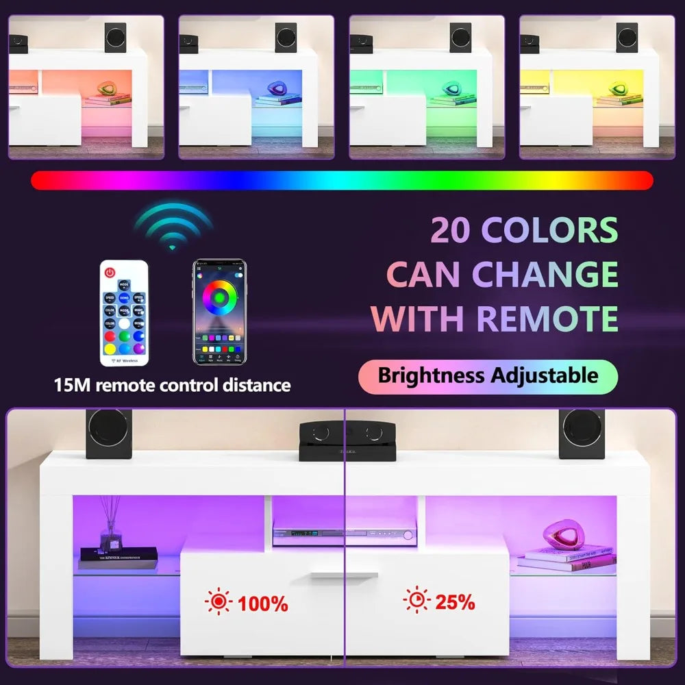 Modern White LED TV Stand with Large Storage Drawer for Living Room