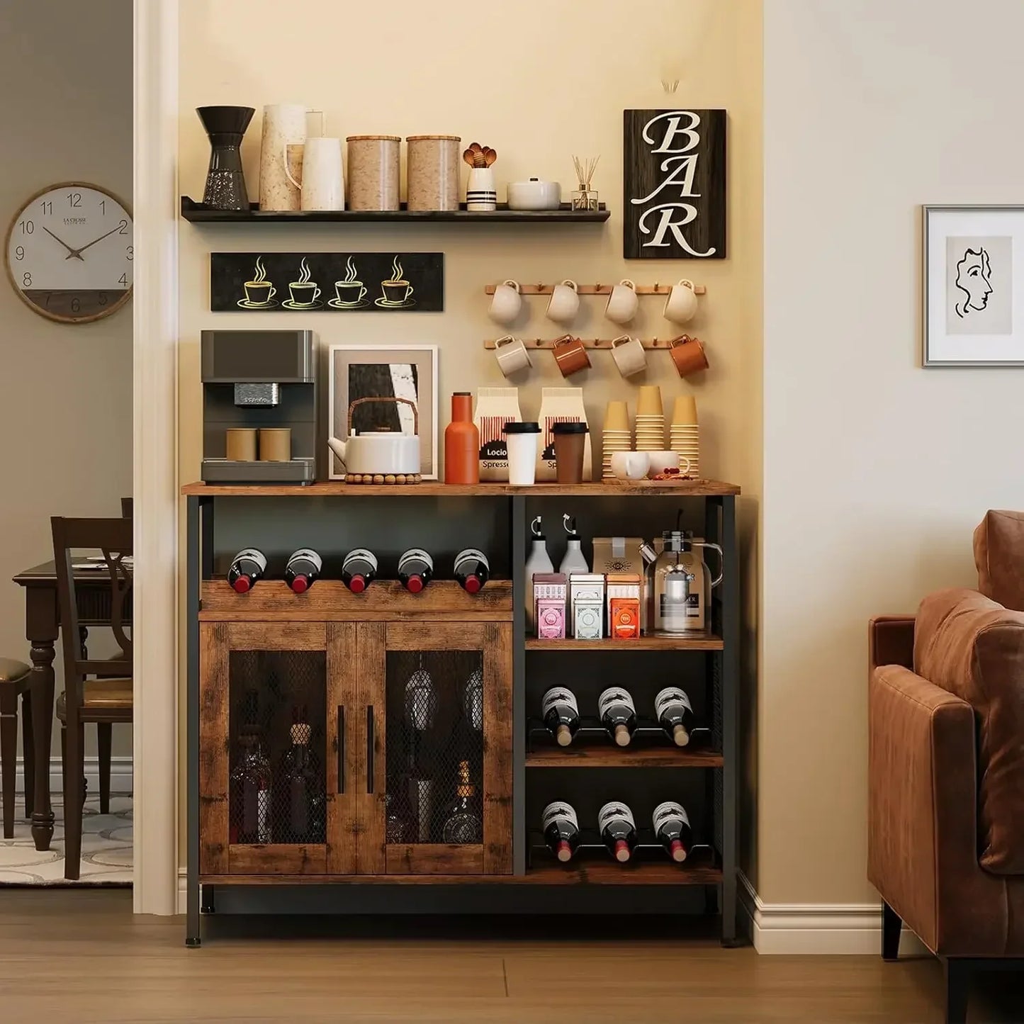 Wine Bar Rack Cabinet with Detachable Wine Rack Coffee Bar Cabinet