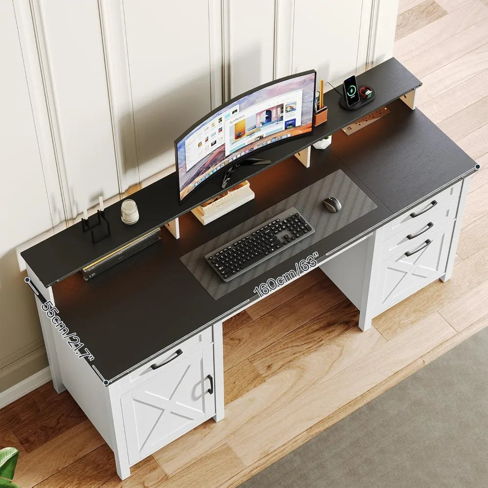 Farmhouse Executive Desk with Drawers LED Light Power Outlet Large