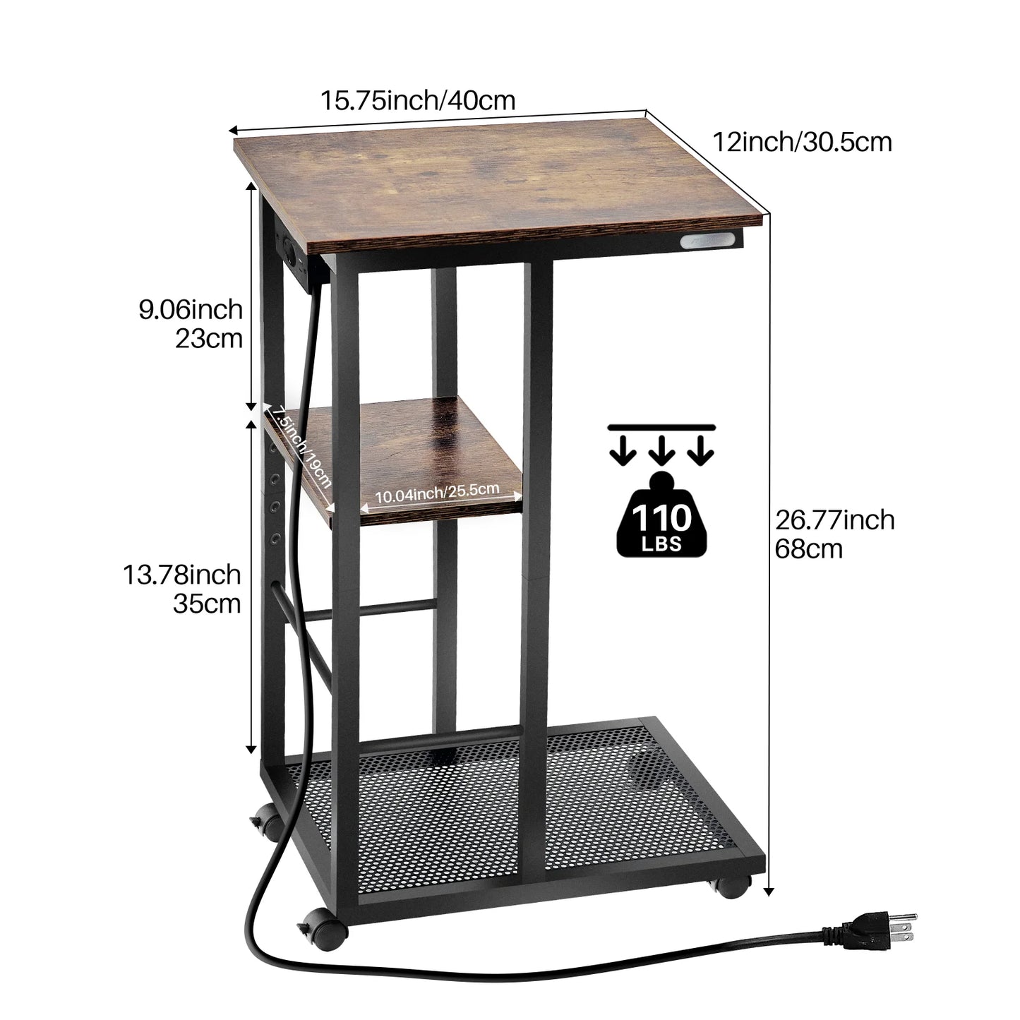 C Shaped End Table with Charging Station Rolling Wheels Small Space